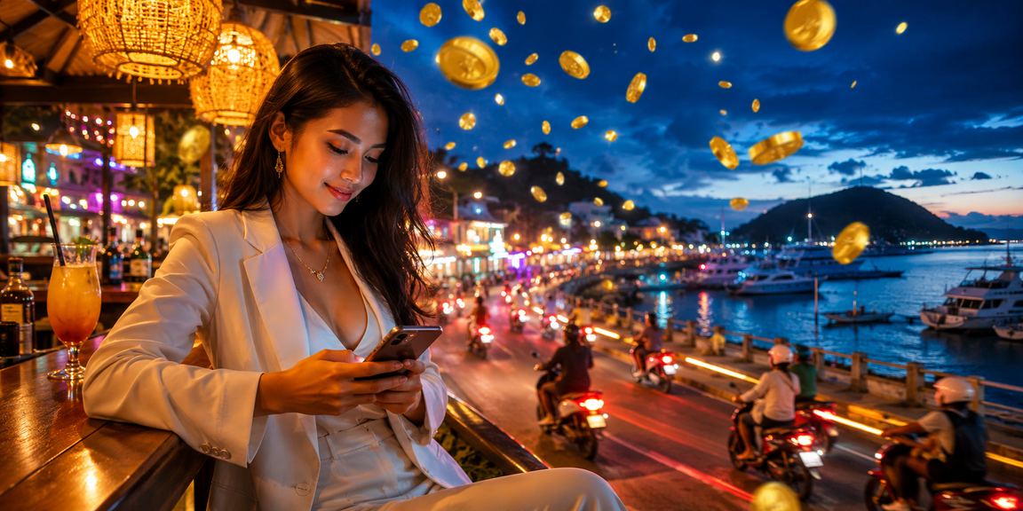 Suasana kasino mobile neon yang berwarna-warni dan penuh energi malam hari